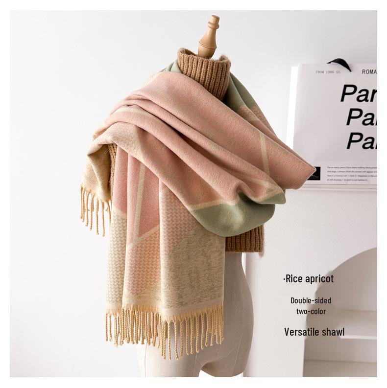 Dubbelzijdige damessjaal: Herfst/Winter Koreaanse Stijl, High-End Mode, Zachte Nekwarmer, Dikke Kwastensjaal