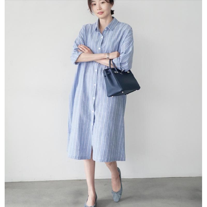Spring and Autumn New Korean Version Versatile Loose Medium and Long Over Knee Long Sleeve Striped Shirt Skirt Women