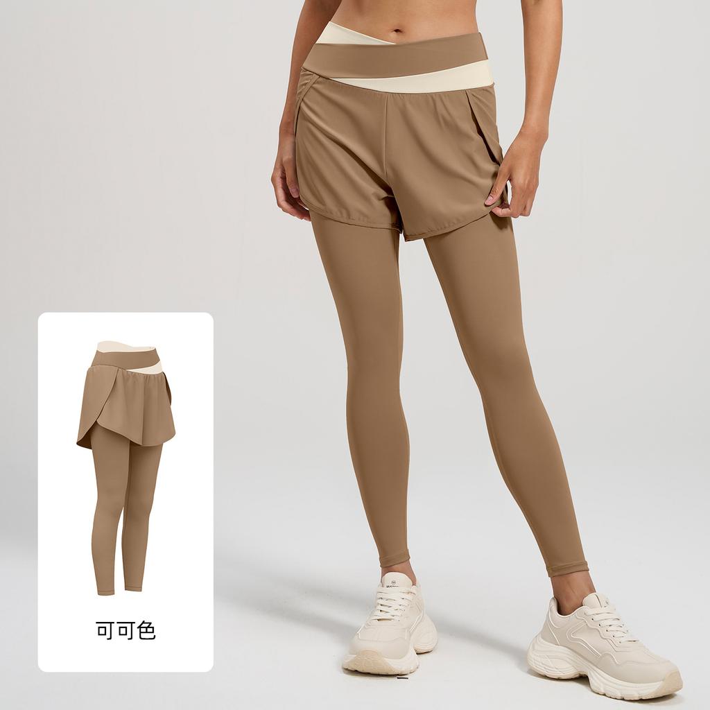 Color matching anti-light fake two-piece yoga pants high waist belly pocket pants sports fitness pants