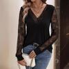 Elegant Lace Lace V-neck Splicing Loose Long-sleeved Solid Color T-shirt Skinny Tops Versatile Closet Essential Fashion Items Shirt