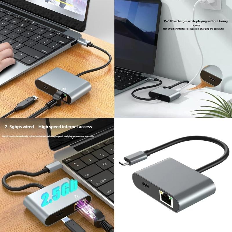 Portable Aluminum Alloy USB C Male to RJ45 Ethernet processor Supporting 2500Mbps and 100W Fast Charging Plug and Play for Home Office