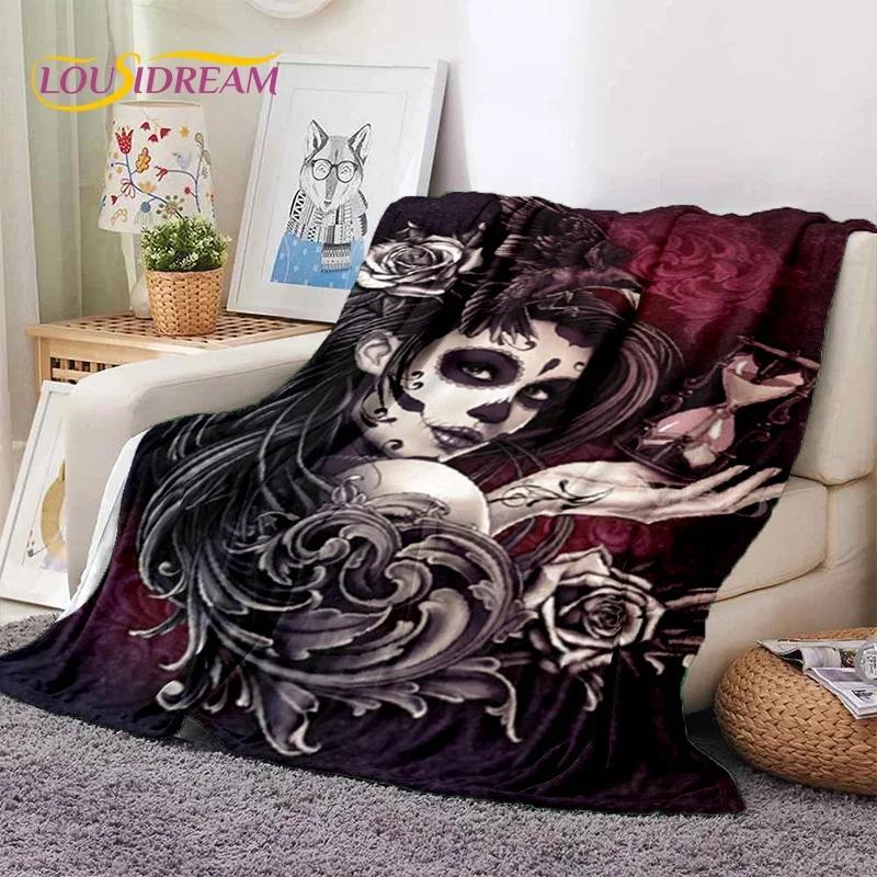 Totenkopf Totes Mädchen 3D Gothic Horror Weiblich Rose Weiche Flanelldecke für Betten Schlafzimmer Sofa Picknick, Überwurfdecke zum Zudecken Freizeit