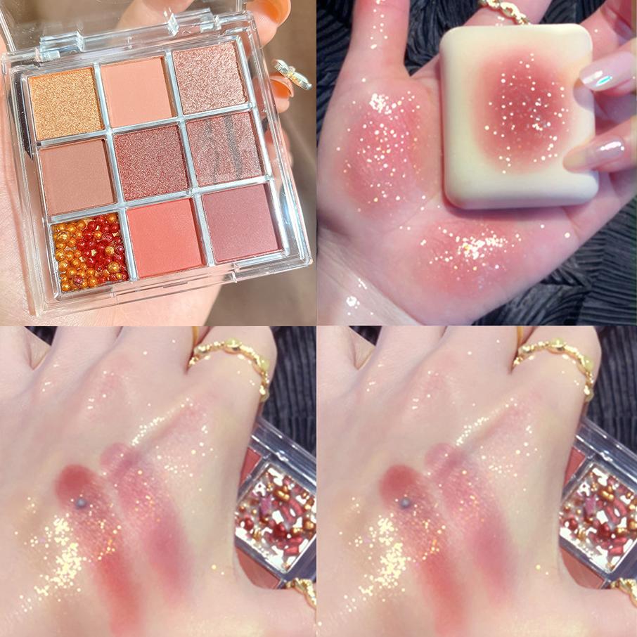 Knusprig duftende Reis-Lidschatten-Palette in neun Farben, schimmernder Glitzer, glitzernd, wasserfest, kein Make-up-Entfernen, erdige Farbe, täglich hochkarätig