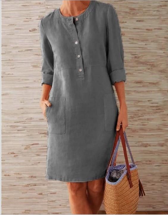 Plus Size Women's Cotton-Linen Long Sleeve Dress with Round Neck