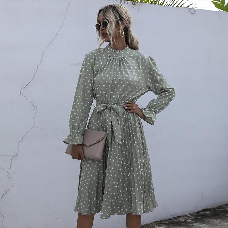 YYFS Women's Vintage Polka Dot Print Long Sleeve Slim Casual Dresses