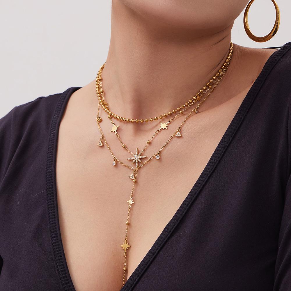 New Zirconia Hexagram Y-Layer Necklace & Bracelet Set - Stainless Steel Luxury European & American Fashion Jewelry