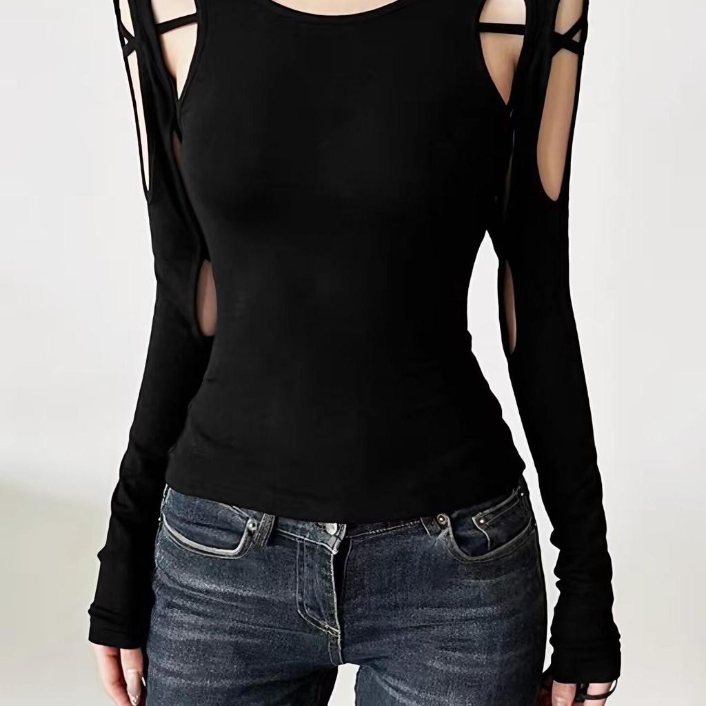 Bottom shirt hollow design niche off-shoulder top feeling slim Spice Girl new thin sexy T-shirt spring and autumn