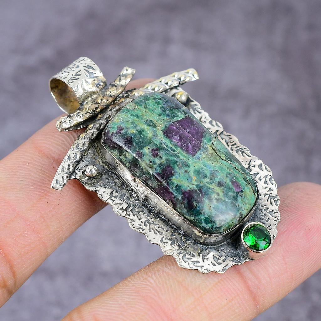 Ruby Fuchsite,Diopside Lab-Created Handmade 925 Sterling Silver Pendant 2" P2j70
