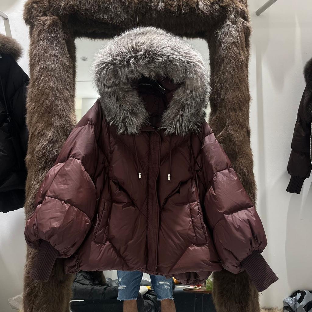European winter new raccoon big fur collar hooded down jacket women's medium and long thickened warm knitted sleeve jacket