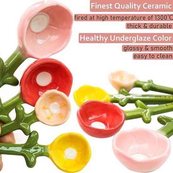 4Pcs Flower Measuring Spoons Set, Ceramic Nesting Measuring Cups with Stand, Cute Kitchen Baking Tool for Coffee Tea, Gift for Bakers
