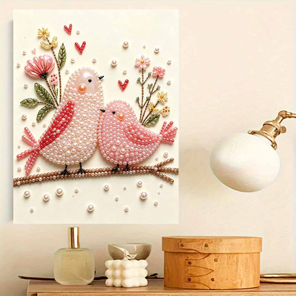 Unique 5D Framed Pearl Painting Kit with Romantic Love Birds and Flowers Sparkling Bead Art Canvas DIY Handmade Craft for Living Room Decor