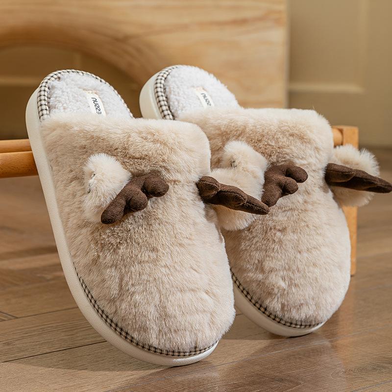 Cute Antlers Plush Cotton Slippers Autumn and Winter Indoor Home Non-slip Silent Plush Warm Couple Floor Mop