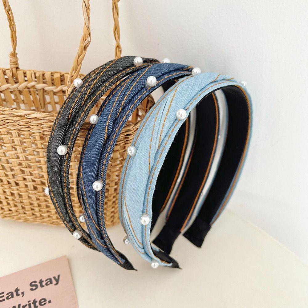 

Korean Style Denim Hair Hoop Blue Retro Hairband Headdress Pearl Headband Photograph