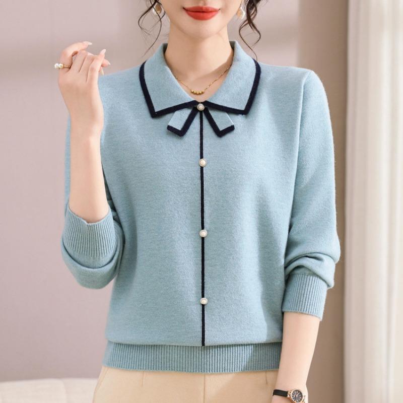 Mom's autumn shirt new early autumn lapel sweater spring and autumn long-sleeved knitted bottoming shirt women's top