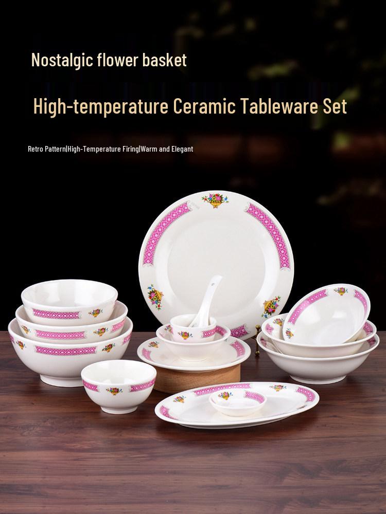 Hong Kong Style Vintage Ceramic Tableware: Fish Plate, Kway Teow Dish, Noodle Soup Bowl, Rice Bowl.