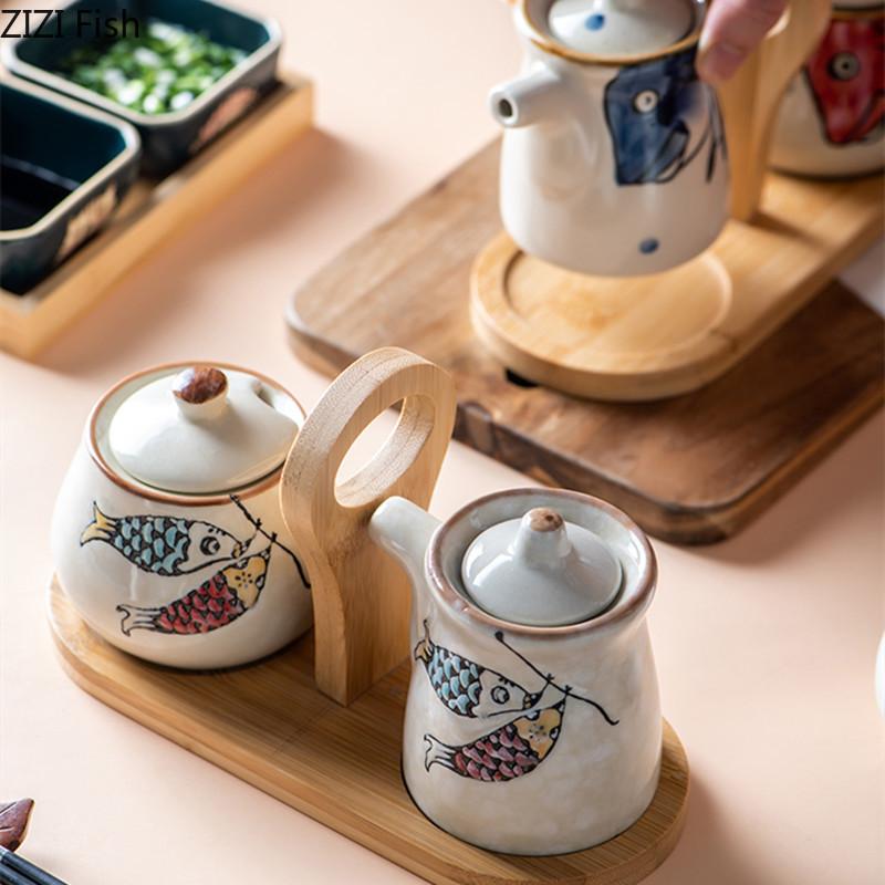 Creative Hand-painted Ceramic Seasoning Jar Set Soy Sauce Pot Kitchen Salt Sugar Pepper Storage Jar Home Condiment Spice Jar