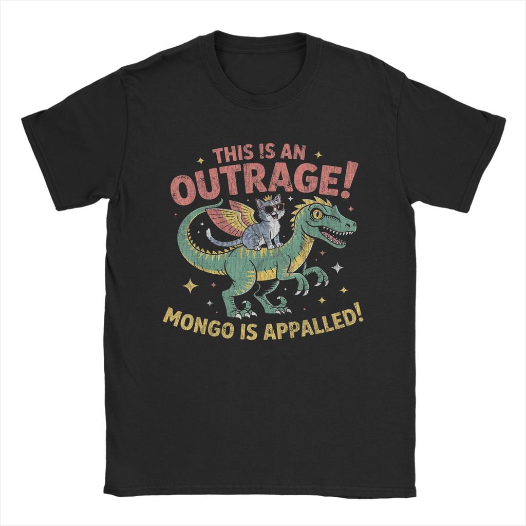Cat Riding Dinosaur Meme Funny Mongo is Appalled T Shirts Men Cotton Fashion for Male TShirt Round Neck Tees Short Sleeve