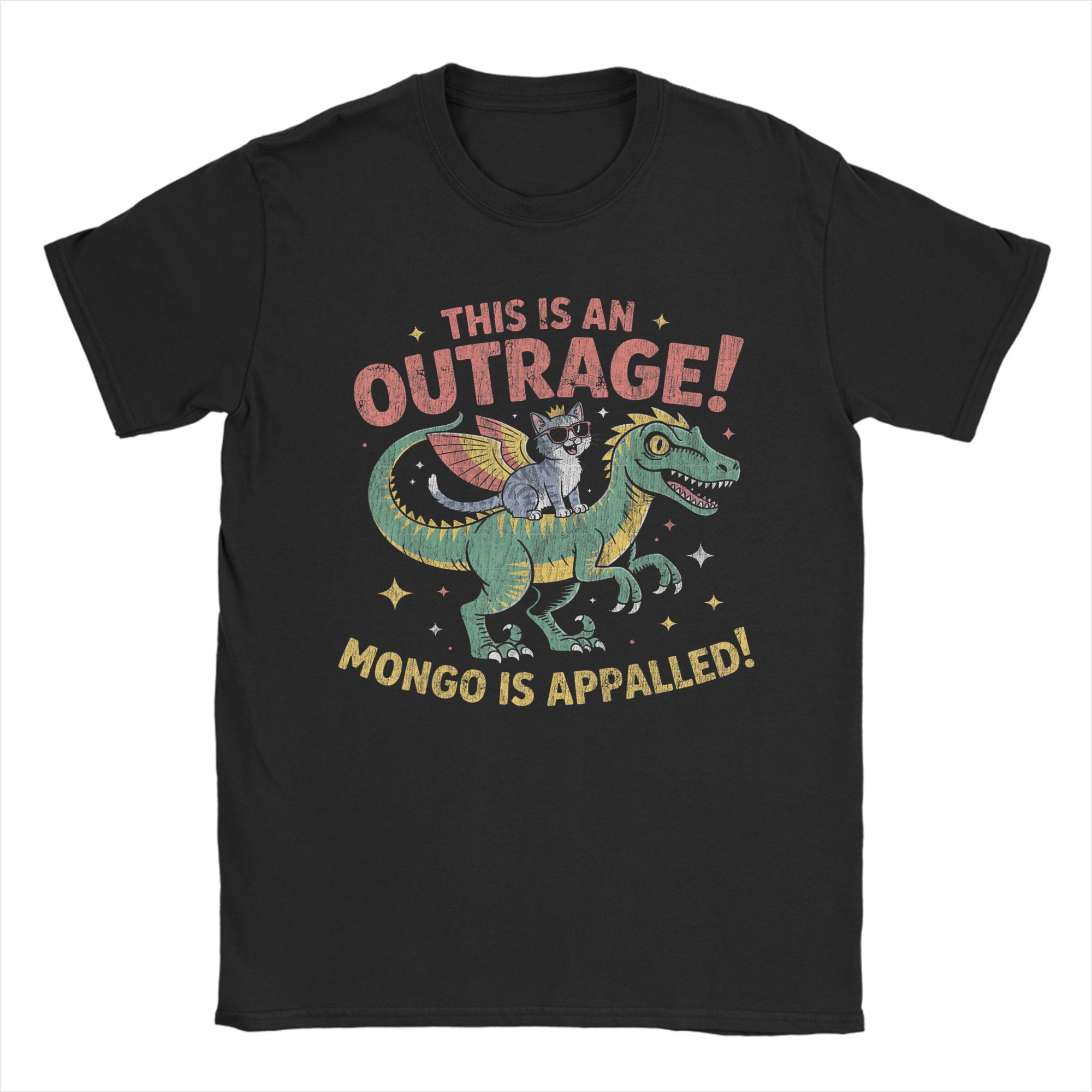 Mongo is Appalled Princess Cat Riding Dinosaur T Shirt for Men Pure Cotton Crazy TShirts Crewneck Tee Shirt Short Sleeve Tops S