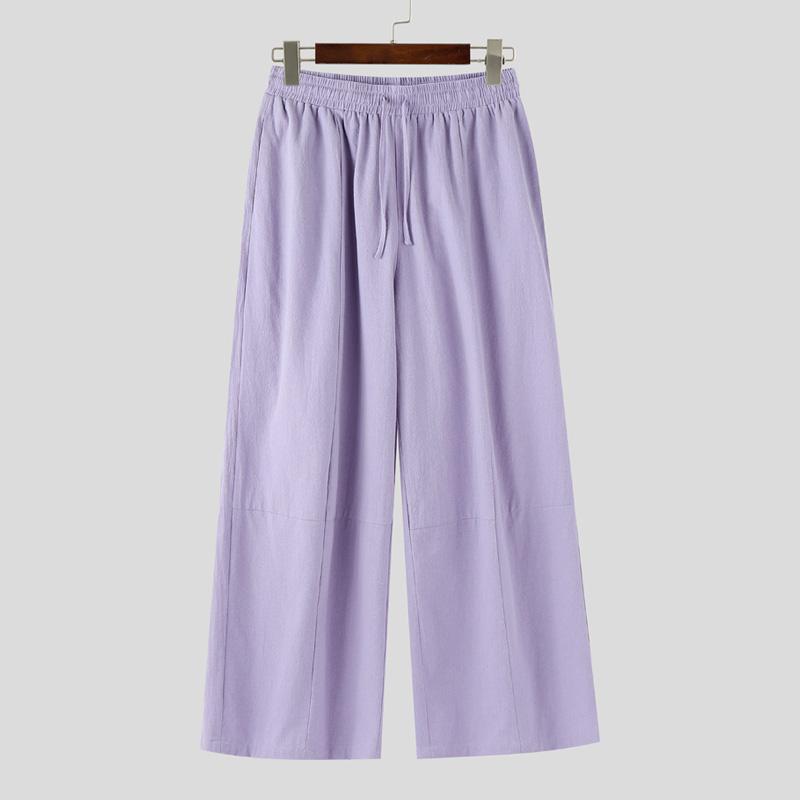 

INCERUN Men Drawstring Elastic Waist Cotton Casual Long Wide Legs Pants Trousers 5XL фіолетовий
