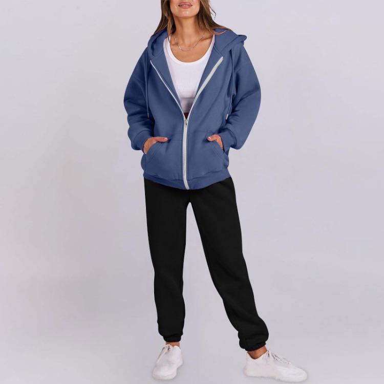 Dames Trainingspak Set Met Capuchon Lange Mouwen Effen Kleur Rits Elastische Taille Losse Mode