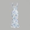 Damen Sexy Blumendruck Spaghettiträger Hohe Taille Bodycon Langes Kleid