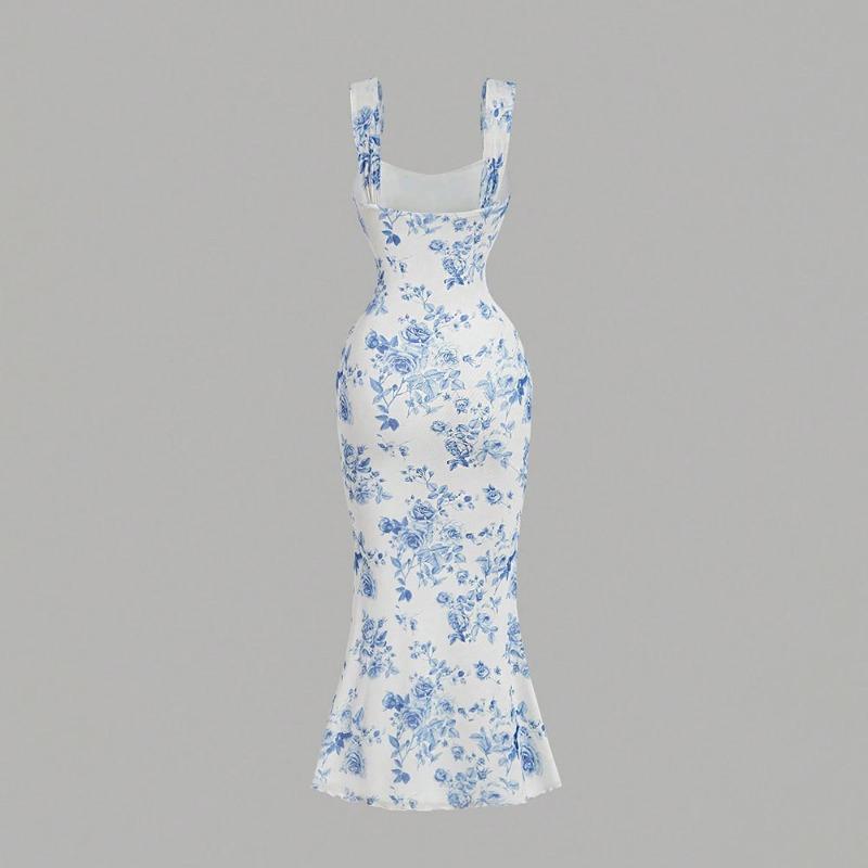 Damen Sexy Blumendruck Spaghettiträger Hohe Taille Bodycon Langes Kleid