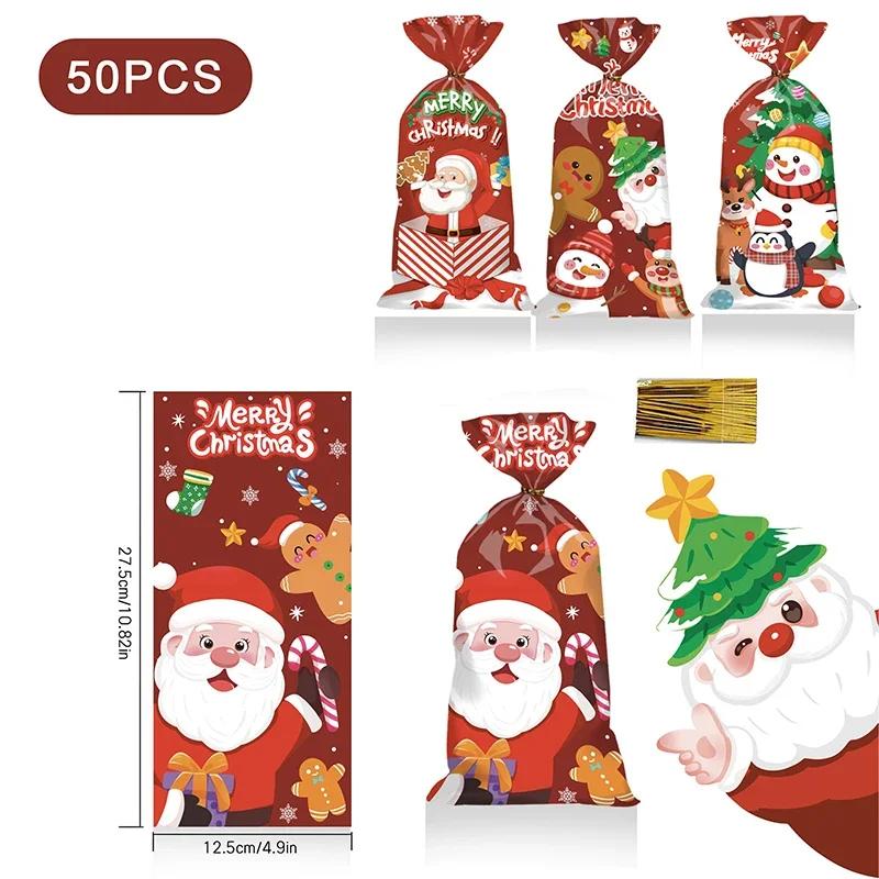 50pcs Merry Christmas Cellophane Bags With Twist Ties Xmas Clear Cello Candy Gift Bags New Year's Eve Christmas Party Decoration