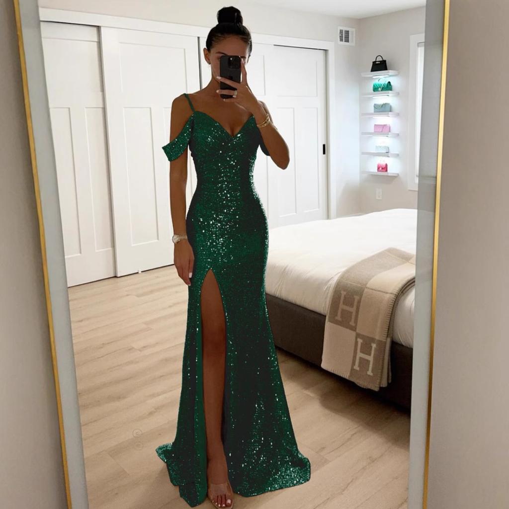 Women's V Neck Cold Shoulder Sleeveless Maxi Dress Mermaid Fit Mid Waist Elegant Sequin Slit Evening Gown