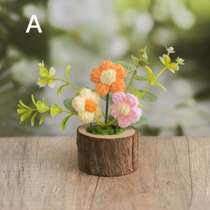 Handmade Crochet Flowers Potted Ornament Car Center Console Decor Cartoon Knitting Flowers Potted Diy Decoration Accessories