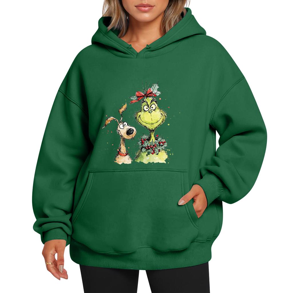 Ladies' Christmas Style Printed Hoodie With Wool And Pockets For Women