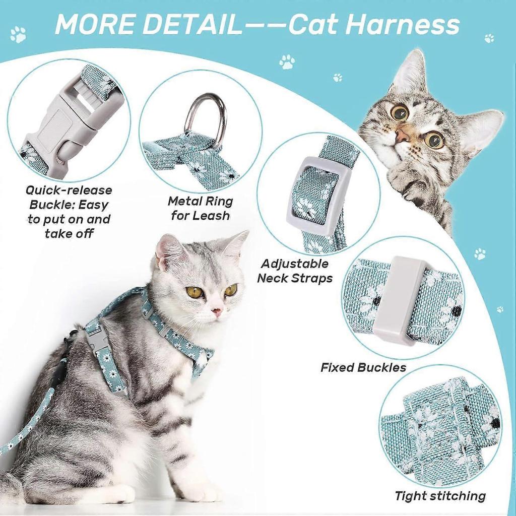 Cat Harness with Lead, Adjustable Harness Lead Set for Cat Kitten Small Pet Outdoor Walking with Quick Buckle, Floral DesignGreenM)