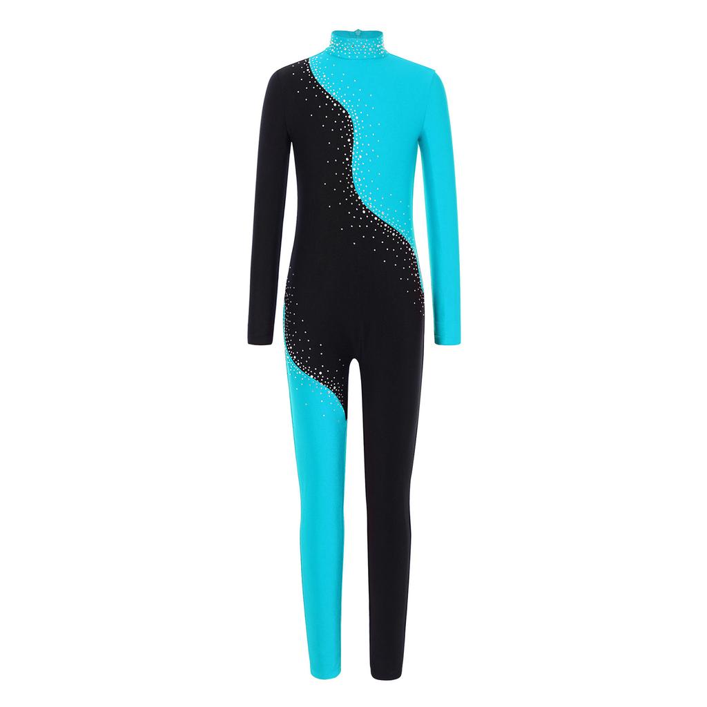 Jenter Fargeblokk Ytelsesjumpsuit Glitrende Rhinestones Mock Neck Langermet Usynlig Glidelås Bak Full Kropp Danseklær