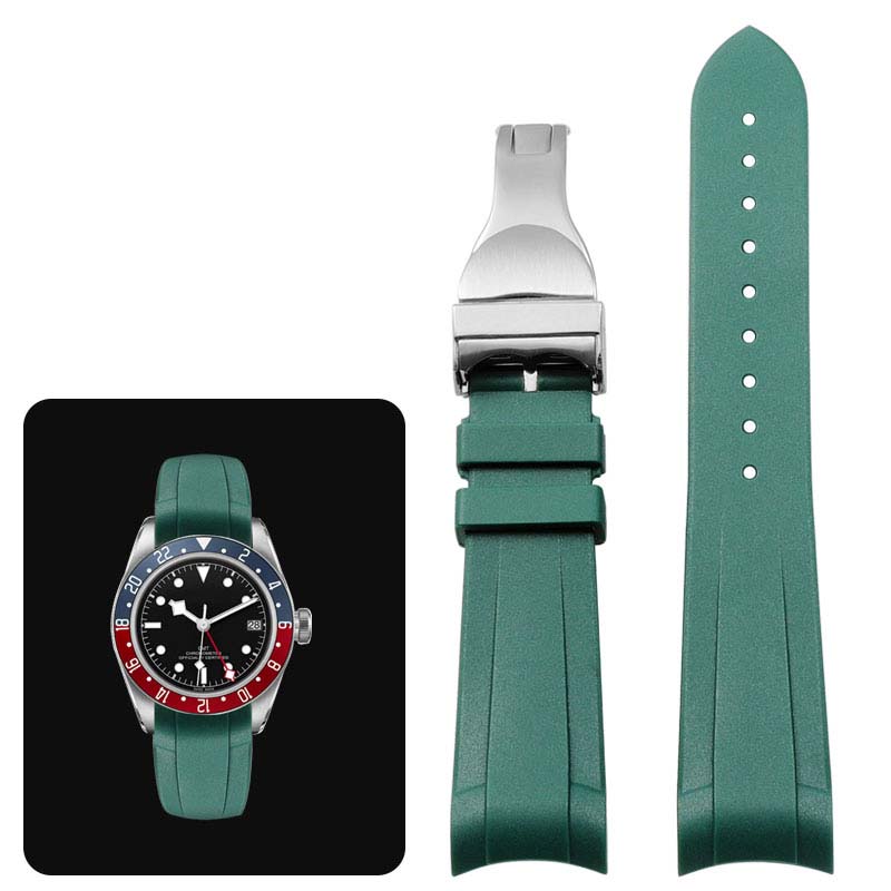Klasický vysoce kvalitní gumový řemínek se zakřivenými konci pro hodinky Tudor Black Bay GMT s překlápěcí sponou Černý Modrý Červený 22mm Náramek