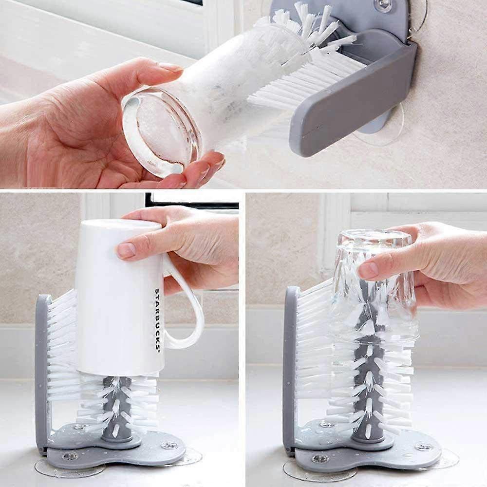 Glass Washer Brush with Double Sided Bristles, Glass Cup Brush Cleaner with Suction Cups Standing Glass Bottle Cup