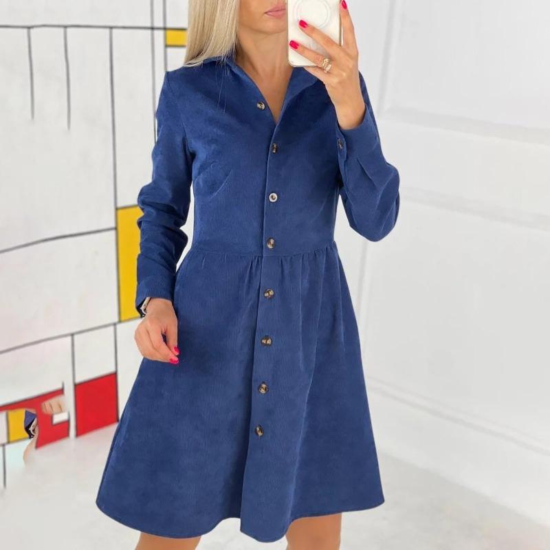Langärmliges, einreihiges Button-Down-Hemdkleid aus Cord für Damen