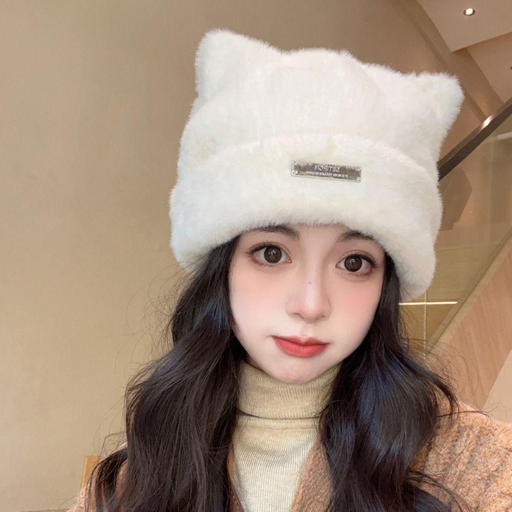 Imitation Mink Wool Knitted Cap Bear Ears Winter Plush Hat Leisure Cat Ears Hat  Warm