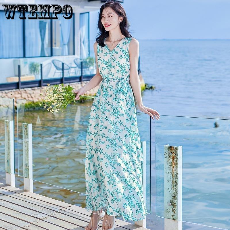 WTEMPO Dámské letní halter šaty s potiskem mořské dovolené, plážové šaty, bohémské šaty, volné temperamentní květinové šaty, pohádkové šaty
