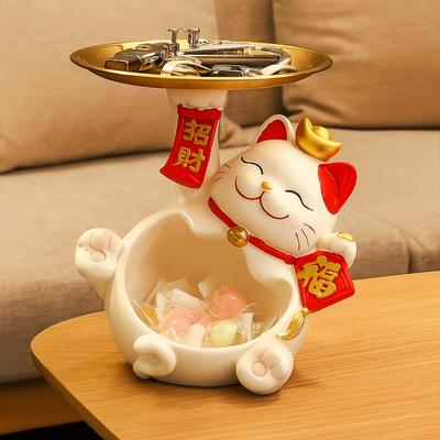 Resin Tray Entry Key Storage Ornaments Cat Figure Statue Fortune Cat Key Storage Tray Collectible Handicraft