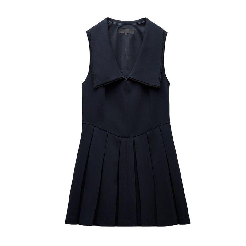 

Spring New Women clothes Pleated Decoration Sleeveless Wide Pleat Lead Short Dress 2124550 3067 Deep sea blue L