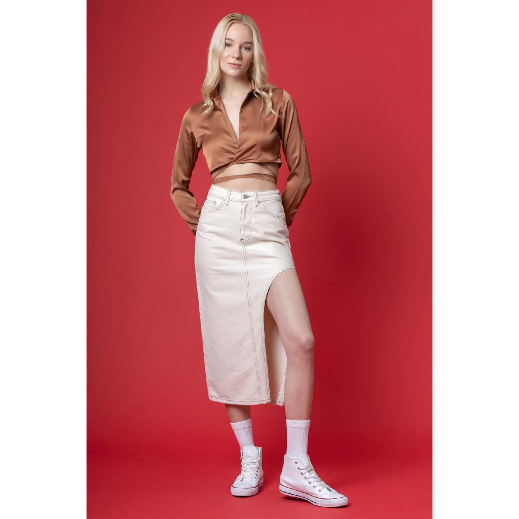 Women's Blue Denim Color Long Denim Skirt With Deep Slit Detail On The Side