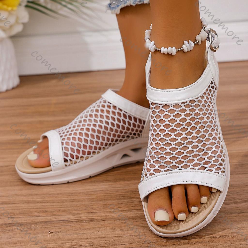 Comemore Women 2025 Summer New Soft Flat Bottom Mesh Sandals Round Head Hollow Casual Thick Bottom Solid Buckle Roman Sandales