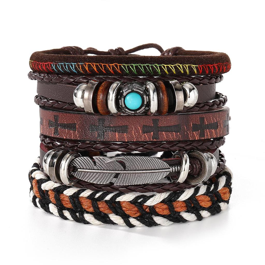 European & American Handmade Braided Leather Bracelet Set: Men's Hip Hop Punk Vintage Multi-layer Jewelry