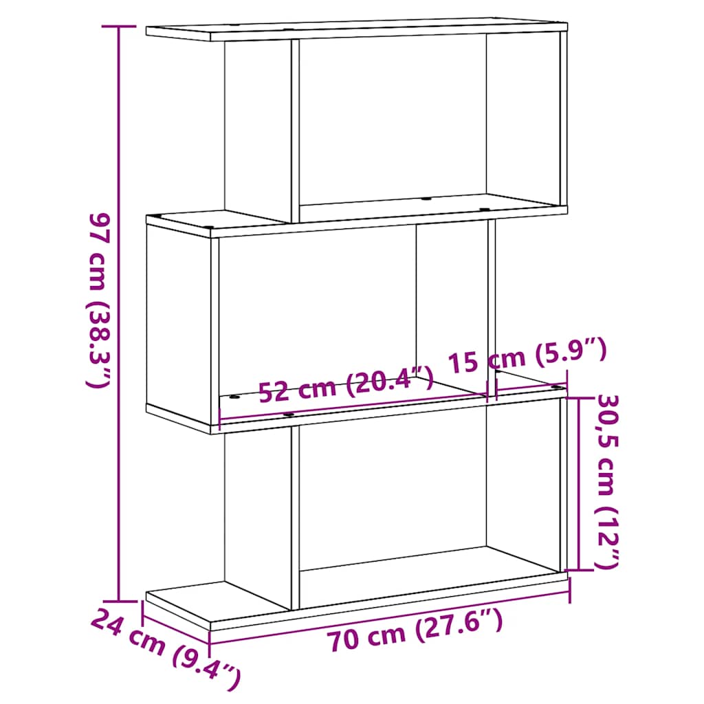 Room Divider Bookshelf 3 Shelf Design Artisan Oak Finish 70 x 24 x 97 cm