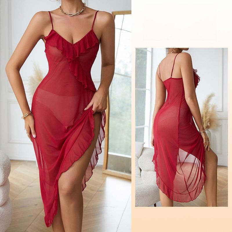 Mesh Ruffle Sheer Nightgown Irregular Hem Multi-Color Sexy Cami Women's Comfortable Loungewear 636 Playful Lightweight Sleepwear Ideal for Summer