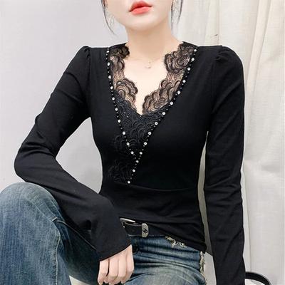 New Spring Autumn Women's Chic Sexy Lace V-Neck Cotton T-Shirt Elegant Handmade Beading Tees Slim Ladies Long Sleeve Tops
