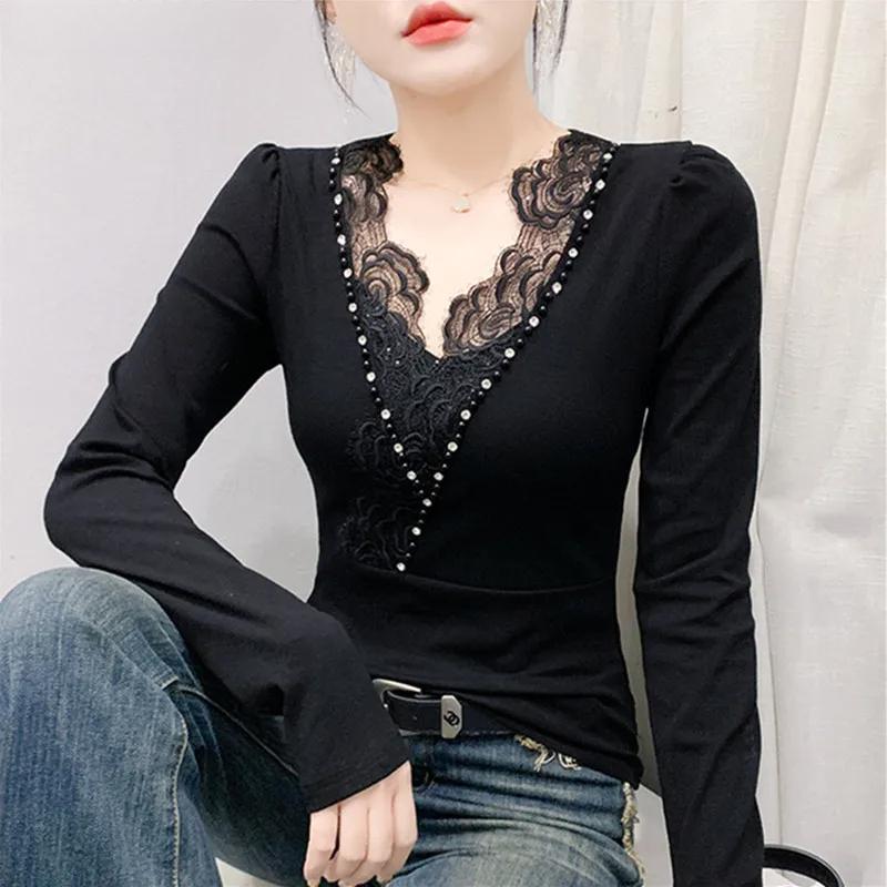 

Новая весенне-осенняя женская шикарная сексуальная хлопковая футболка с кружевом и V-образным вырезом, элегантные футболки с ручной вышивкой, облегающие женские топы с длинным рукавом 3XL чёрный