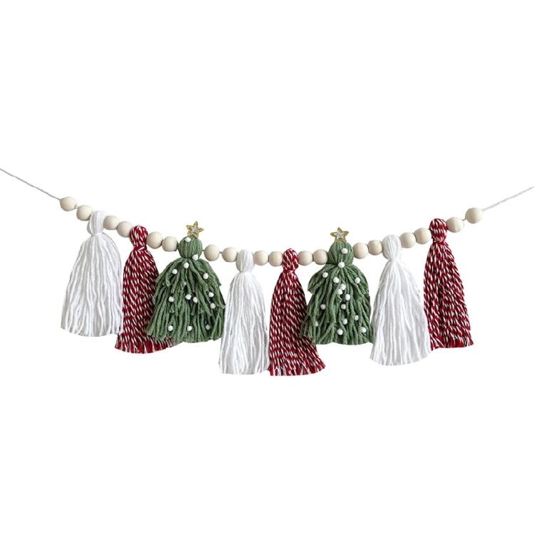 Christmas Garlands Decoration Cotton Tassels Garlands with Wood Beads Wall Hanging Bunting Banners Decors for Mantel