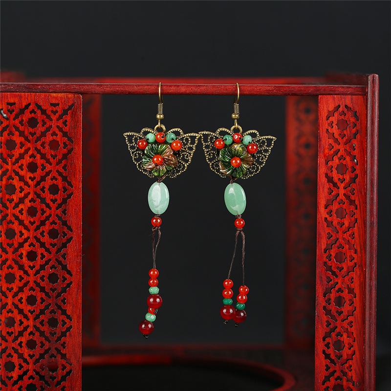 Handmade Classical Jade Fringed Earrings, Retro Female Long Style Temperament Agate Shell Antique Earrings, Earrings.