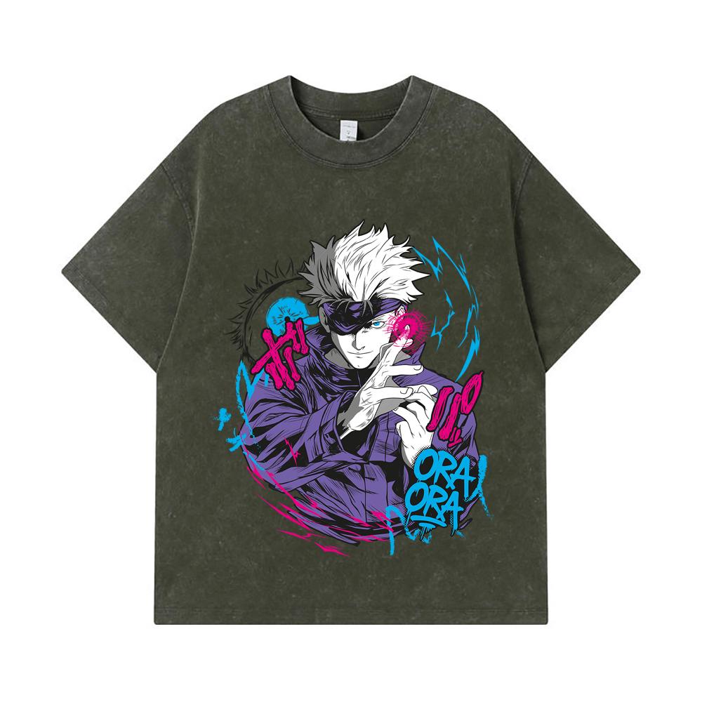 

275 GSM Washed T-shirts 100% Cotton Jujutsu Kaisen V59 Gojo Print Unisex Heavy Cotton T Shirt S армия зеленый
