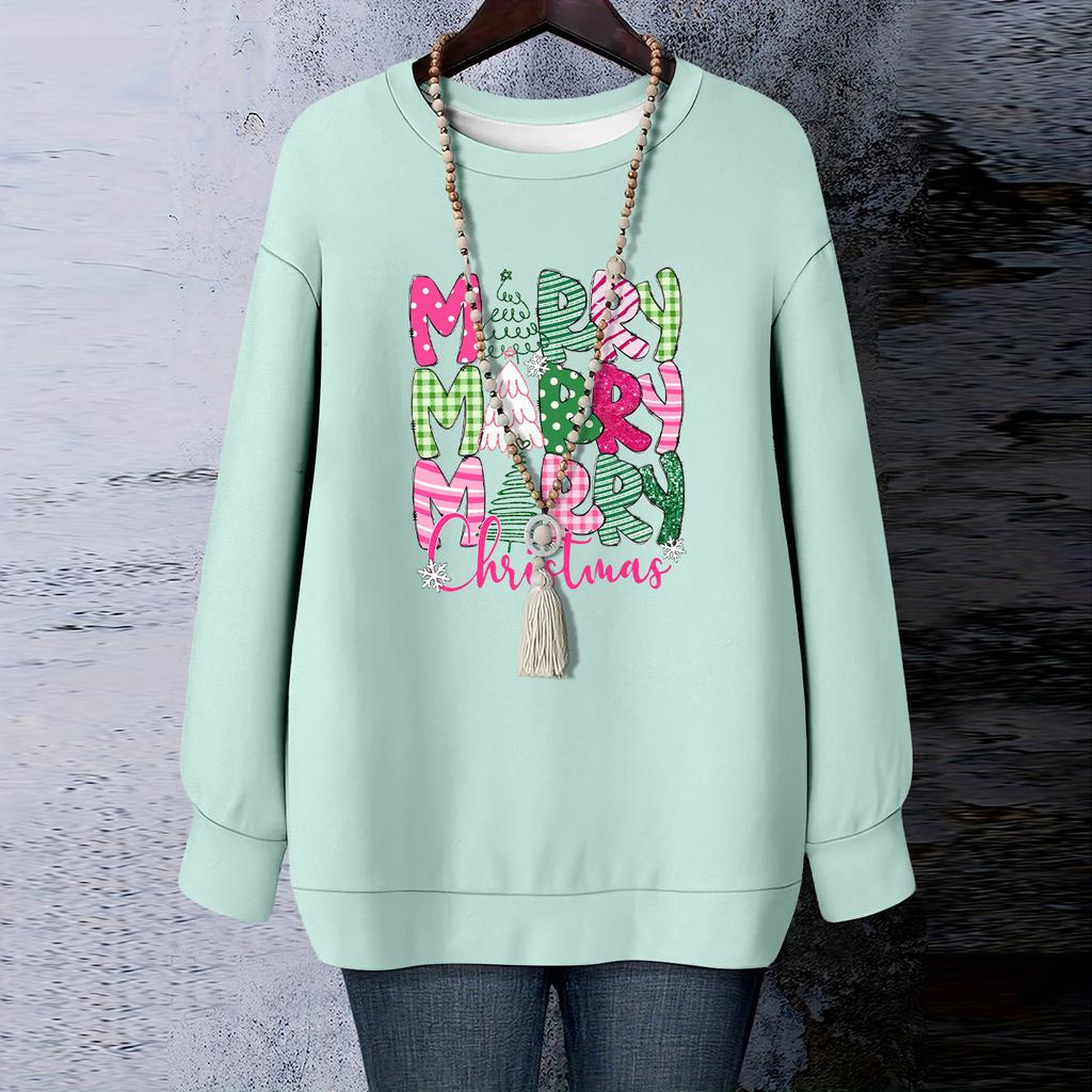 Damen Weihnachts-Print Rundhals Langarm T-Shirt Sweatshirt Oberteil